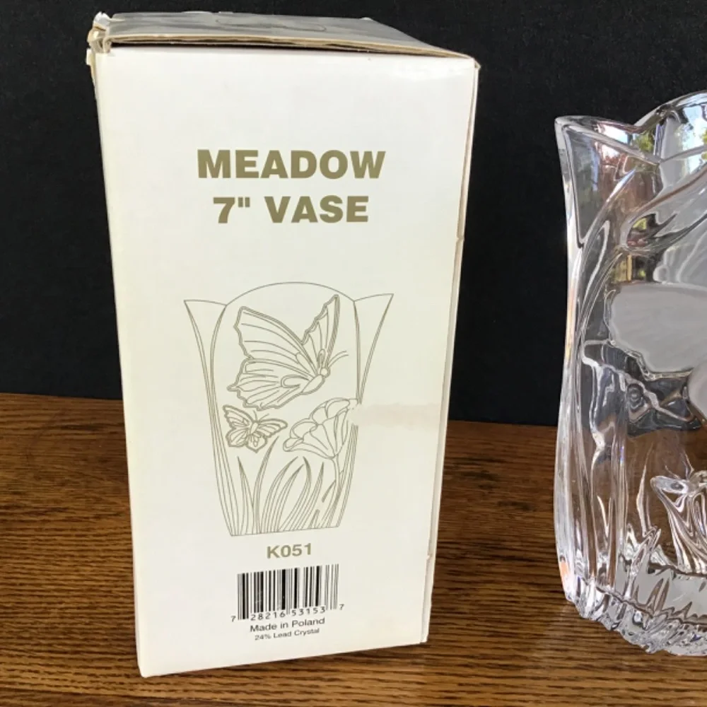 New Block Crystal Vase Butterfly Flowers Glass Hand Crafted Poland